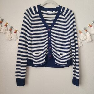 360 Sweater Linen Blend Nautical Stripe Open Knit Crop Button Front Cardigan S